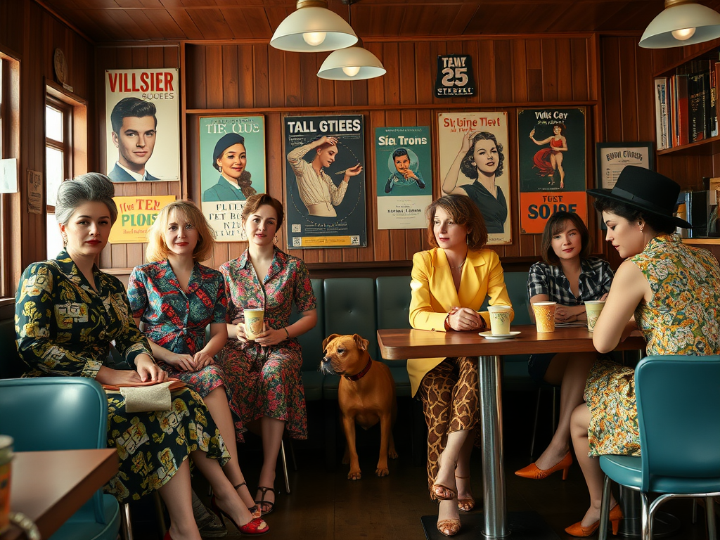 Un groupe de femmes dans un café vintage, entouré d'affiches anciennes, assises avec un chien.