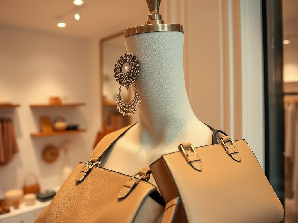 Un mannequin présente des sacs en cuir beige et des boucles d'oreilles élégantes dans une boutique.