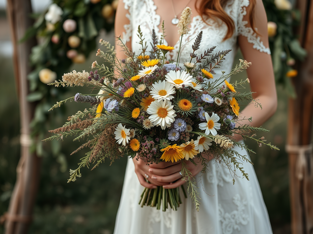 Une jeune femme tient un bouquet coloré de fleurs sauvages dans une robe blanche élégante.