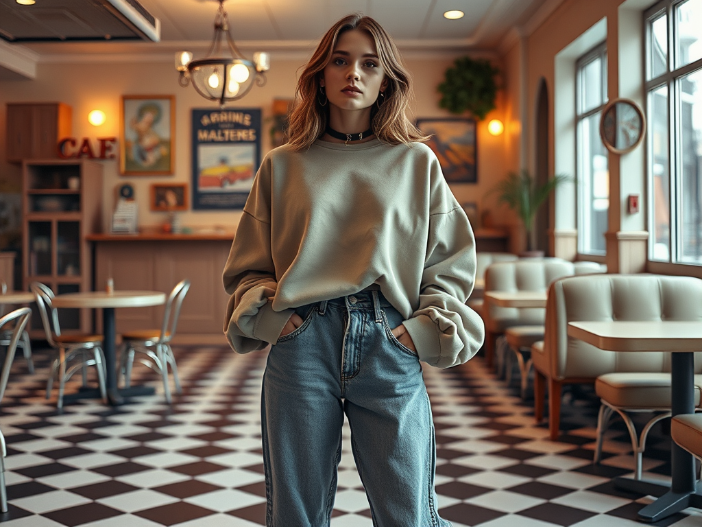 Une jeune femme au pull oversize et jeans se tient dans un café au décor rétro, regardant l'appareil photo.