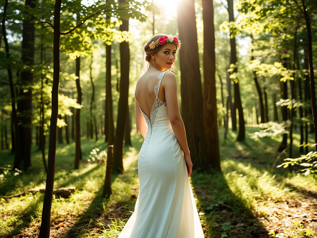 Une femme en robe blanche se tient dans une forêt, tournée vers l'arrière, illuminée par le soleil.