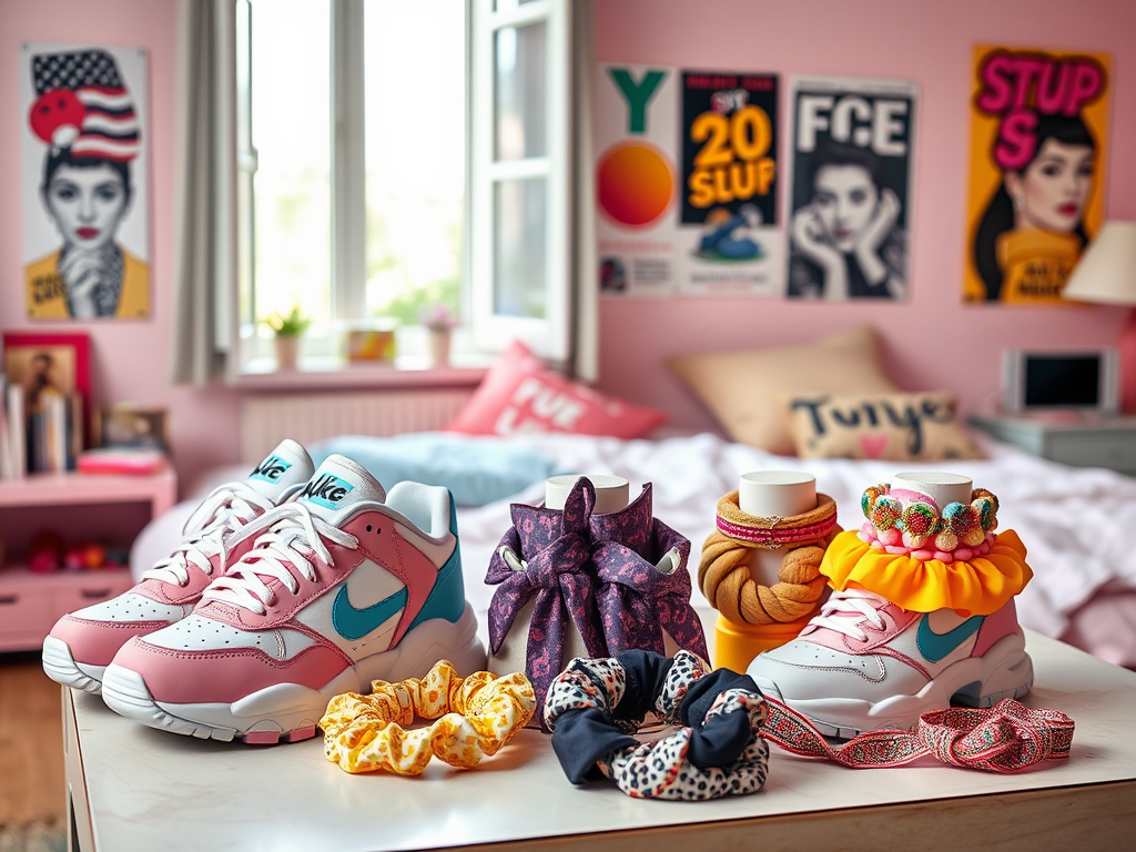 Des baskets roses et blanches avec des chouchous colorés, sur une table dans une chambre aux murs roses.