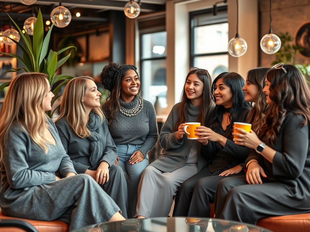 Un groupe de femmes souriantes, assises ensemble, partageant un moment convivial avec des tasses à café.