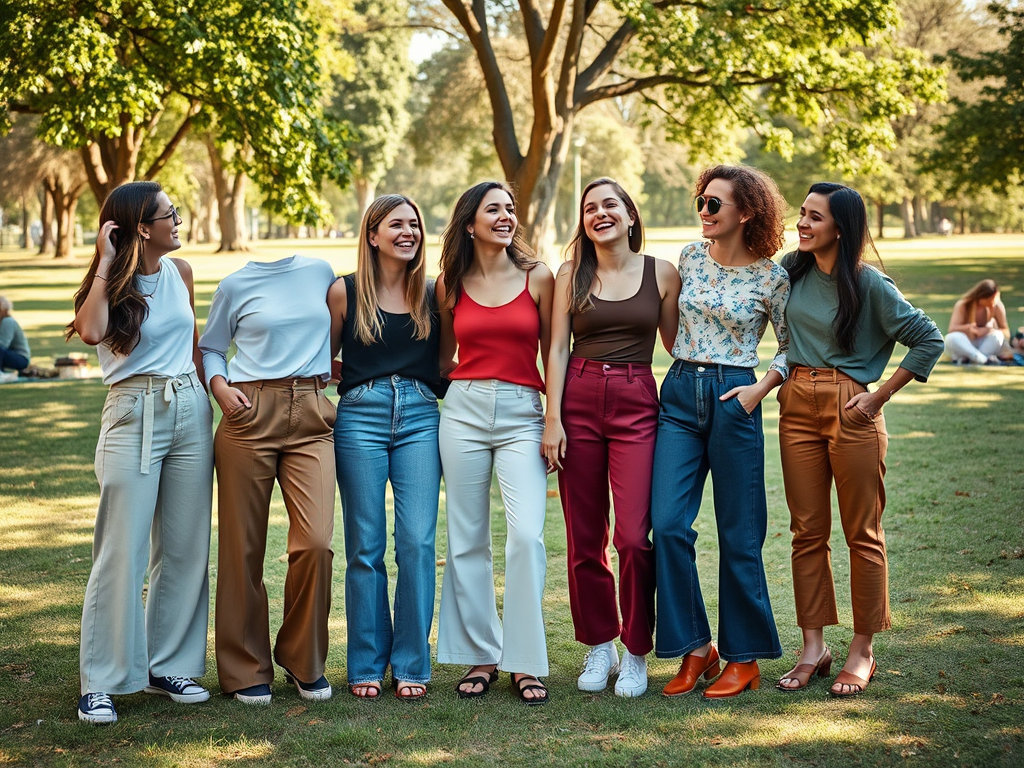 Sept femmes souriantes posent à l'extérieur, vêtues de pantalons variés, devant des arbres et une pelouse verdoyante.