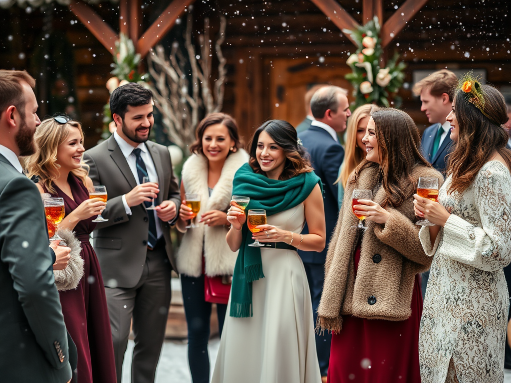 Un groupe d'amis joyeux, vêtus d'élégants vêtements d'hiver, trinquant sous la neige à une célébration festive.