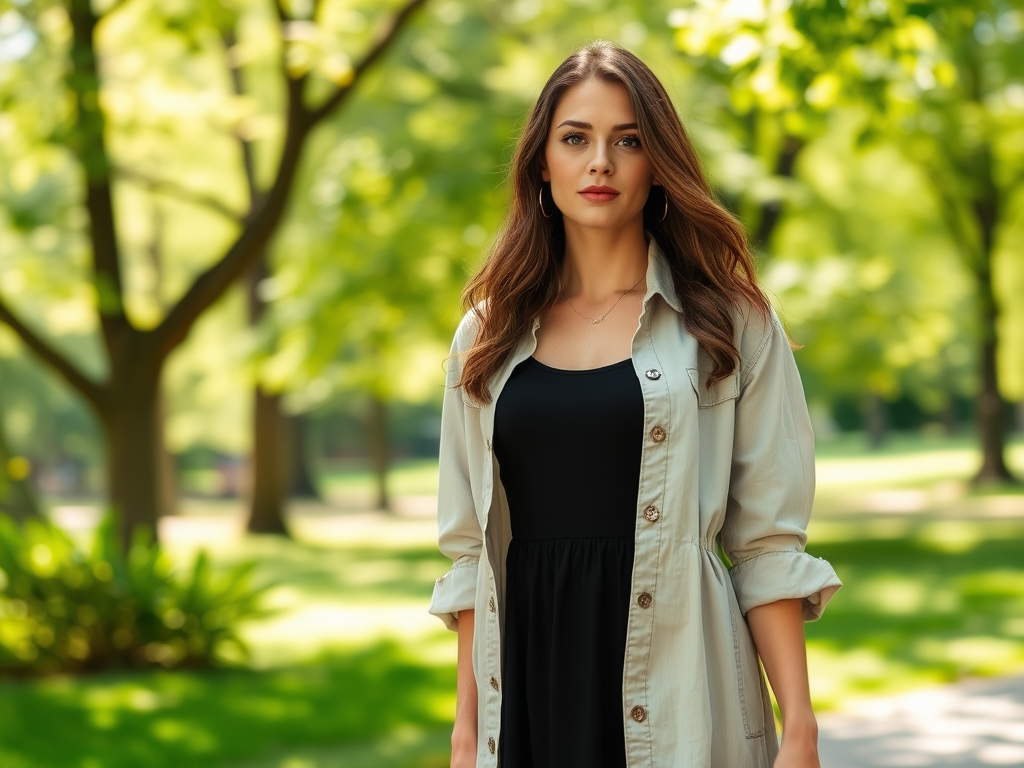 Une femme souriante en robe noire et chemise claire se tient dans un parc ensoleillé, entourée d'arbres.