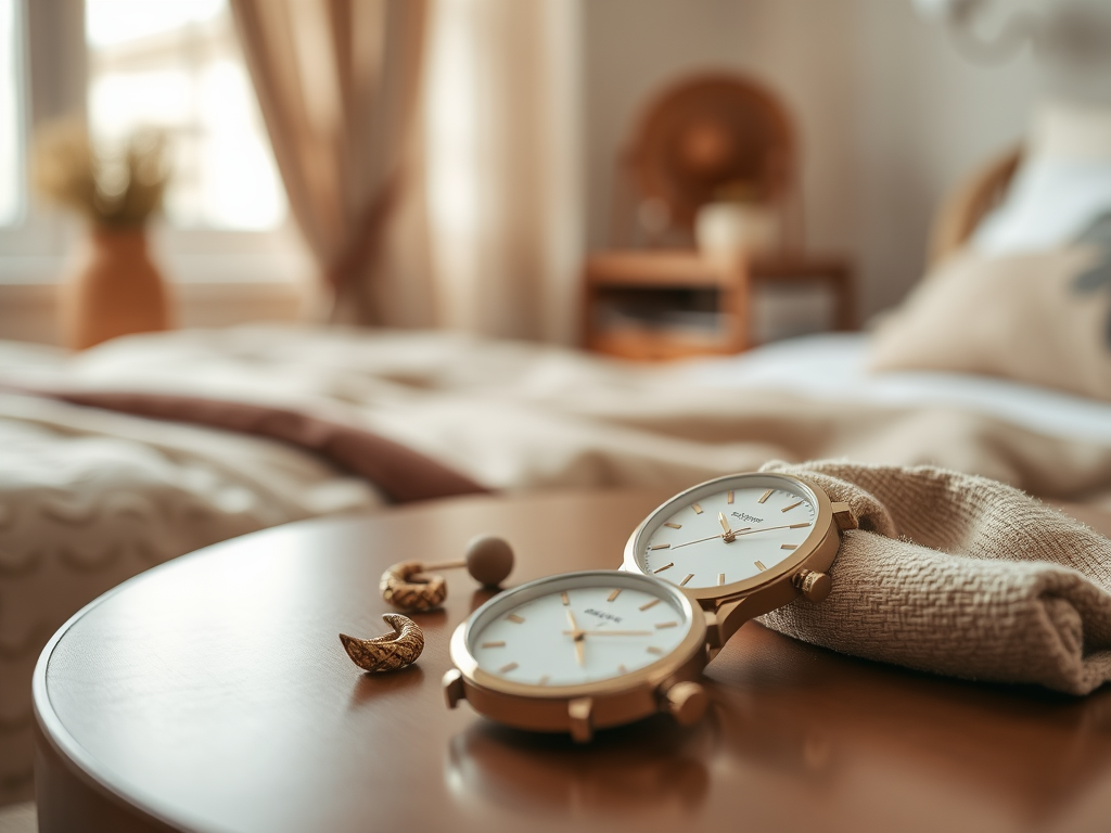 Deux montres élégantes posées sur une table en bois, avec une serviette et des décorations, dans une chambre chaleureuse.