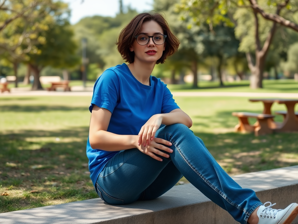 Une jeune femme portant un t-shirt bleu et des jeans est assise sur un muret dans un parc ensoleillé.