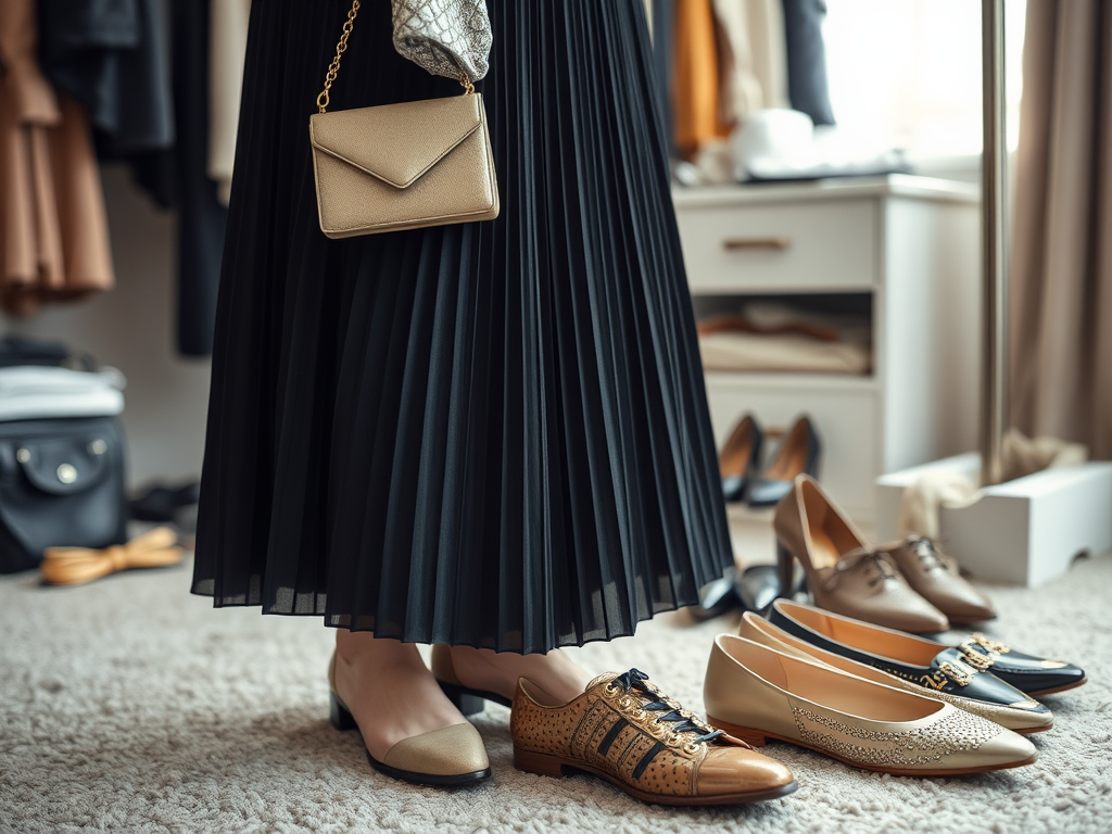 Une femme avec une jupe plissée et un sac à main, entourée de plusieurs paires de chaussures.