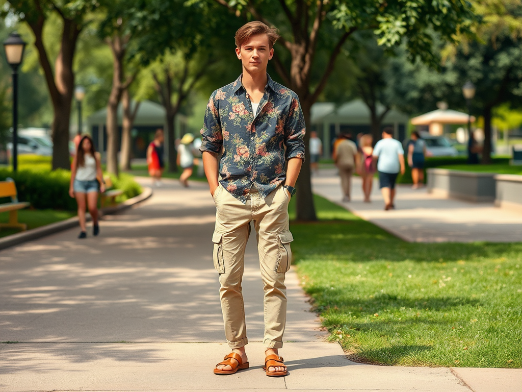 Un jeune homme en chemise à fleurs et pantalons cargo se tient sur un chemin dans un parc, entouré de personnes.