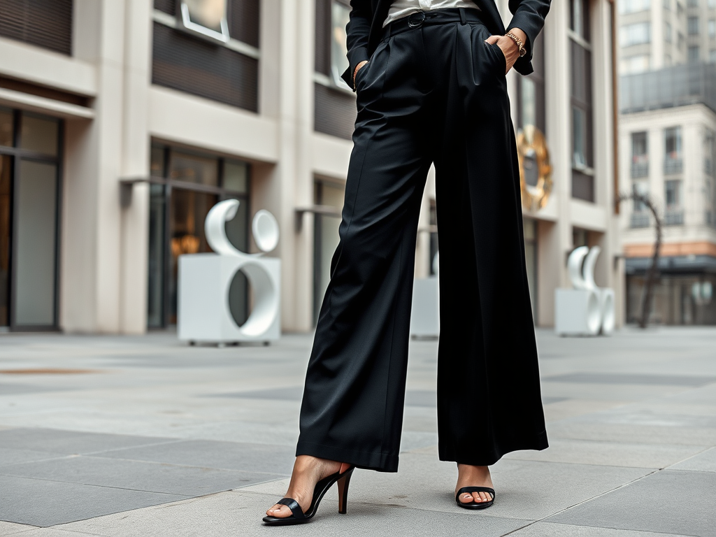 Une femme portant un pantalon large noir et des sandales, se tenant dans un espace urbain moderne.