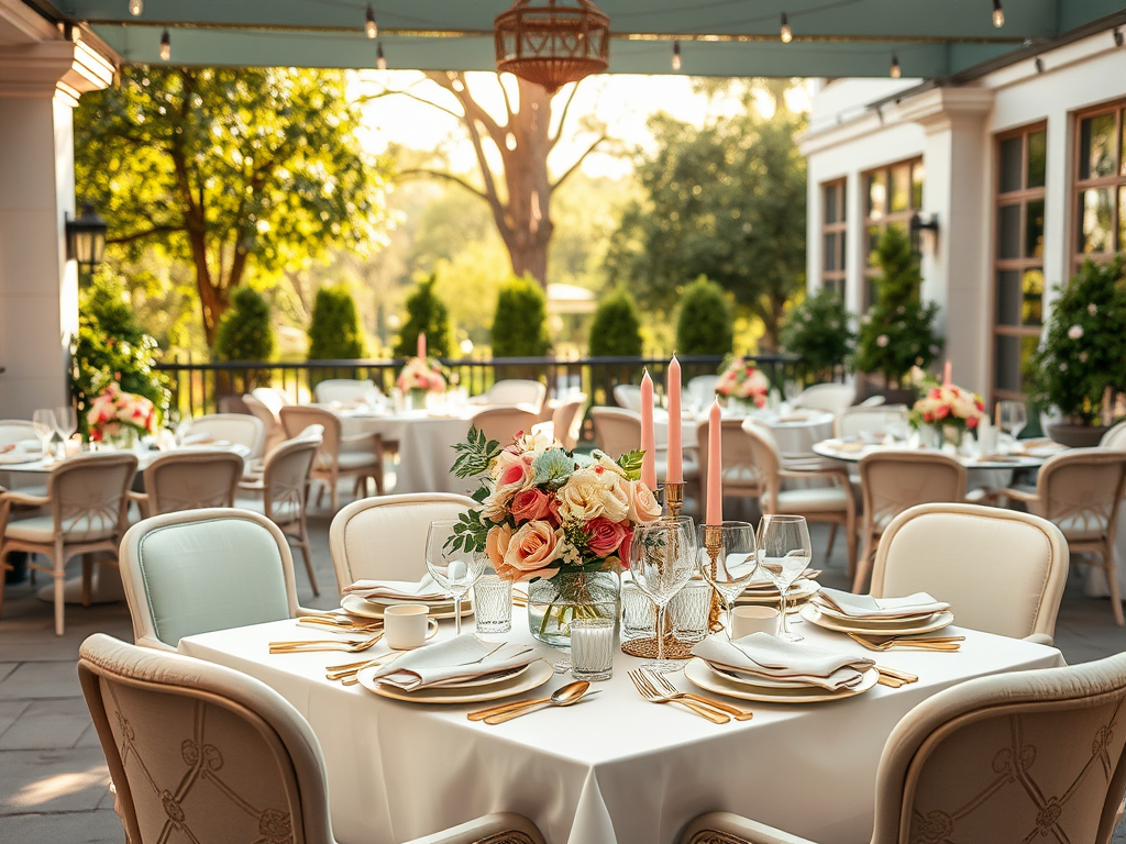 Une table élégamment dressée pour un repas en extérieur, ornée de fleurs et de bougies, sous un ciel ensoleillé.