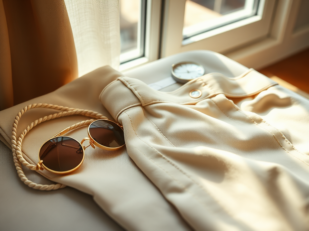 Vêtements beige posés près d'une fenêtre, accompagnés de lunettes de soleil à monture dorée et d'une montre.