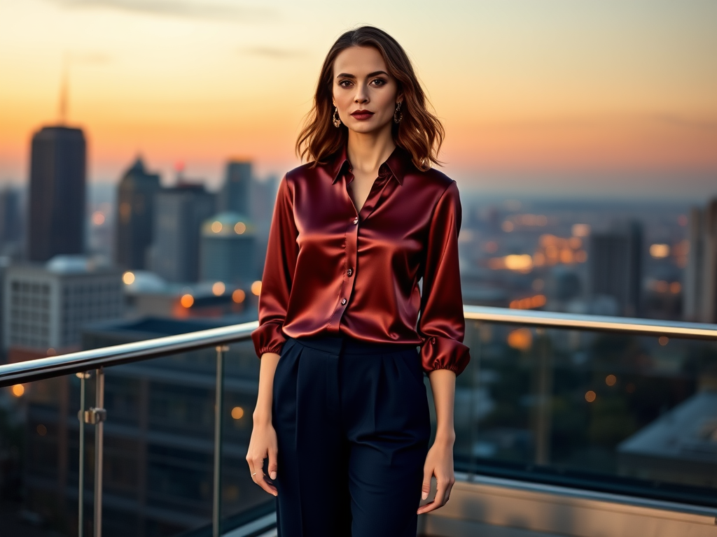 Une femme avec une chemise satinée rouge se tient sur un balcon, avec une vue urbaine au coucher du soleil.