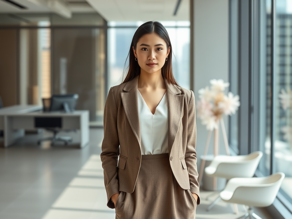 Une femme élégante en costume se tient dans un bureau moderne avec de grandes fenêtres et des meubles minimalistes.