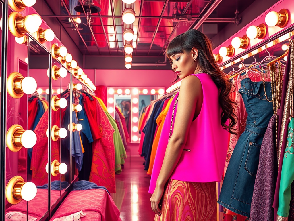 Une femme dans un magasin de vêtements coloré, vêtue d'un haut rose, admire les tenues autour d'elle.