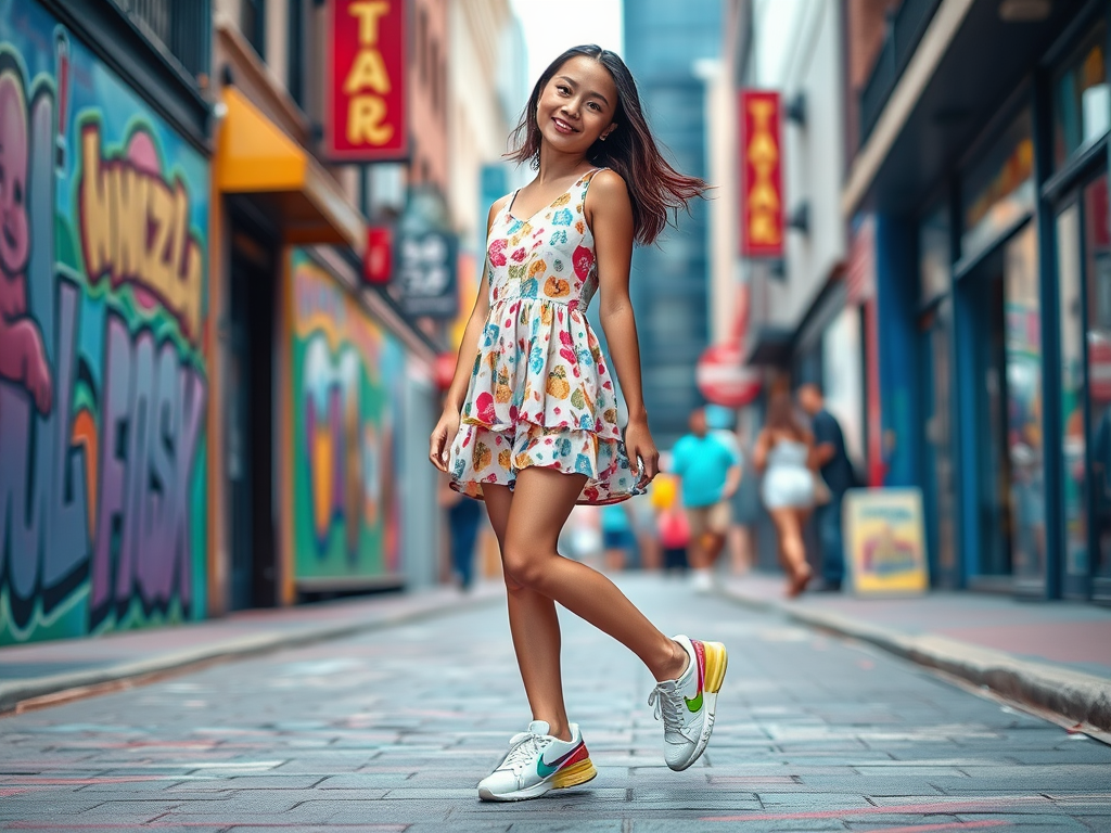 Une jeune femme souriante porte une robe colorée dans une rue animée, entourée de graffitis et de passants.