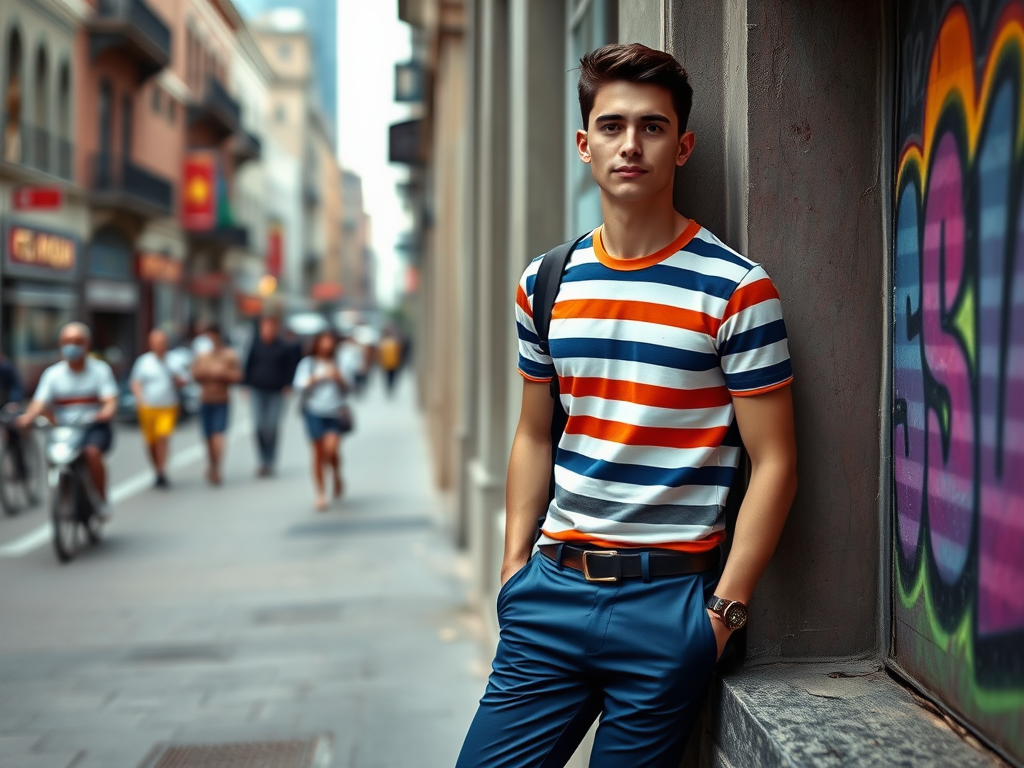 Un jeune homme avec un t-shirt rayé pose contre un mur près d'une rue animée en milieu urbain.