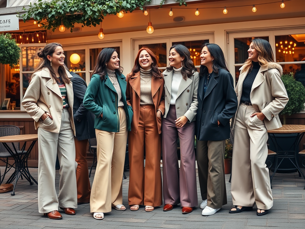 Six femmes souriantes, habillées élégamment, discutent joyeusement devant un café en extérieur.