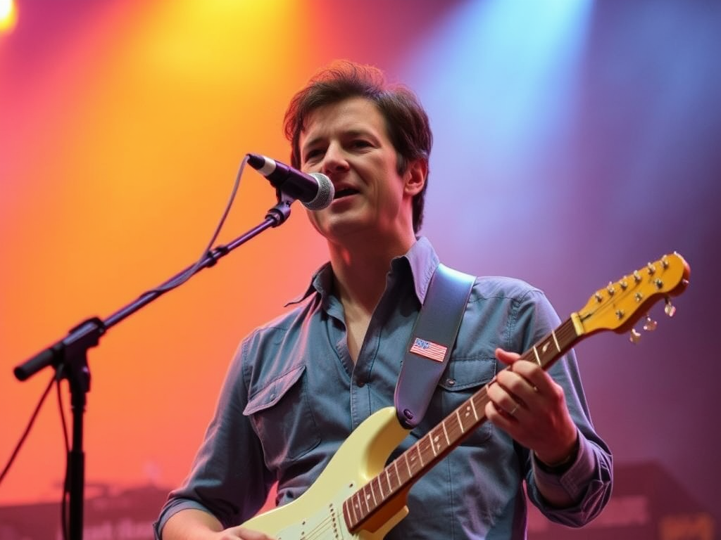 Un homme chante dans un micro en jouant de la guitare électrique, sous des lumières colorées sur scène.