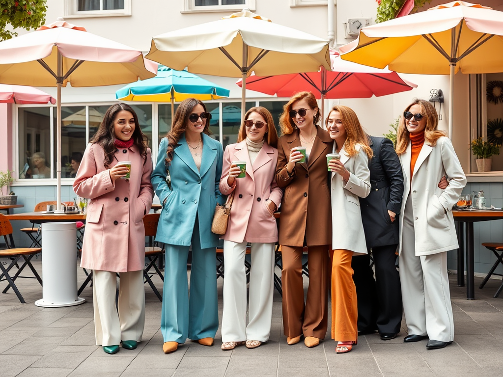 Un groupe de six femmes élégantes pose ensemble sous des parasols colorés, dégustant des boissons.