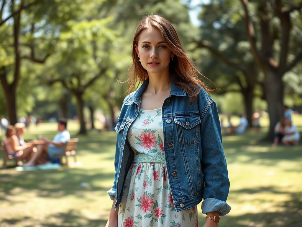 Une femme souriante porte une veste en jean et une robe à fleurs, posant dans un parc ensoleillé.