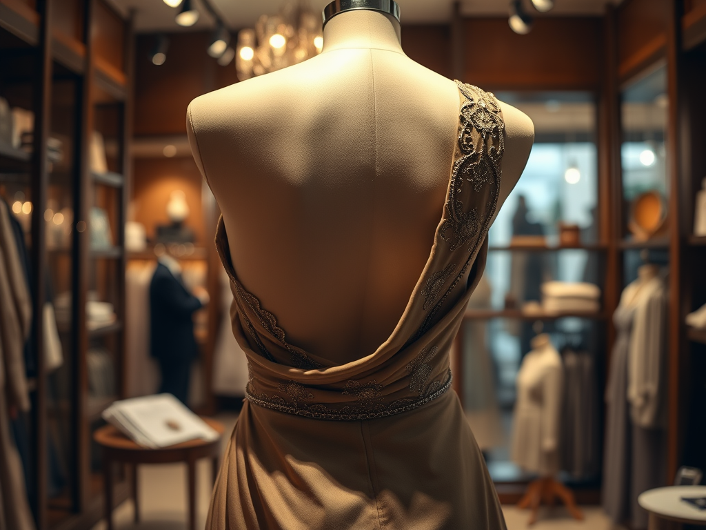 Un mannequin de couture présente une robe élégante dans une boutique raffinée. Le décor est chaleureux et accueillant.