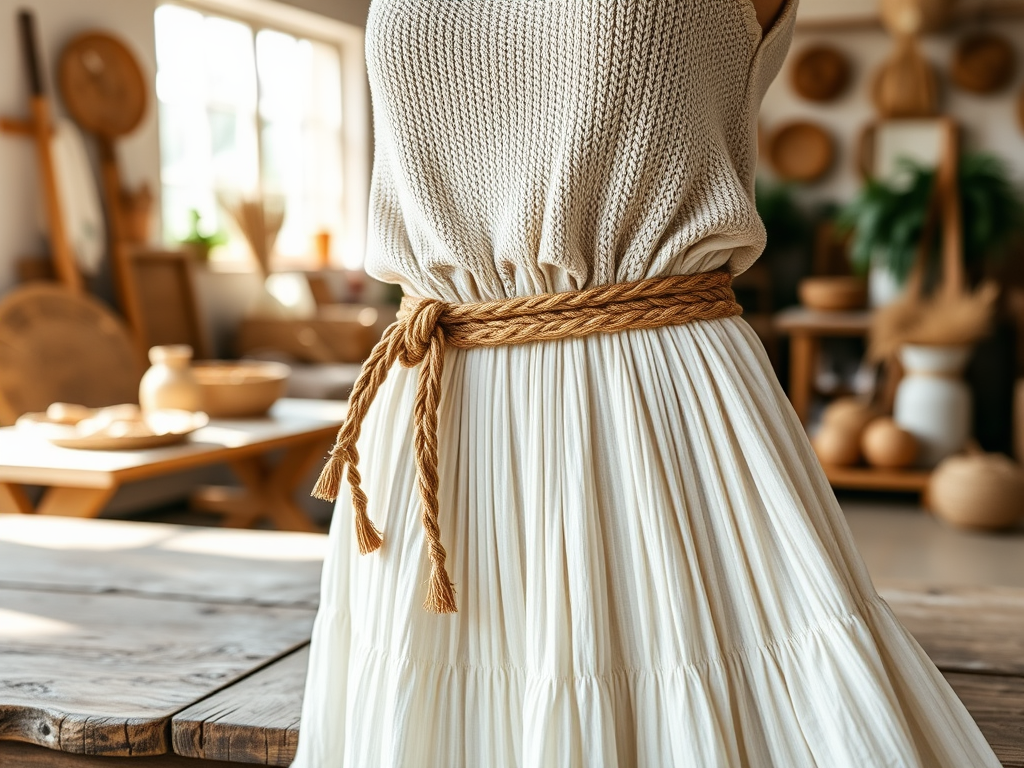 Une tenue élégante : un haut tricoté beige et une jupe blanche ceinturée par une corde tressée.